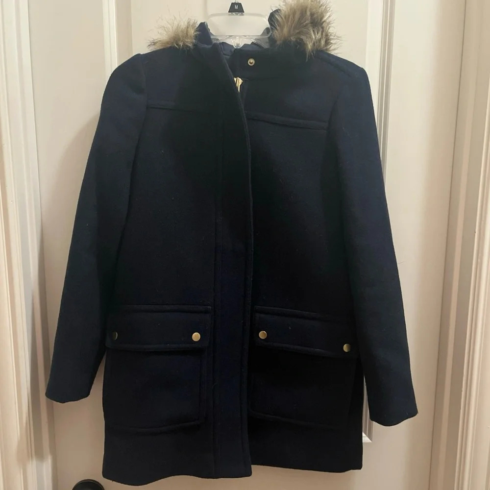 J. Crew Mercantile Navy Blue Wool Blend Coat Fur Trim Hood Jacket 00/ XS Women’s
